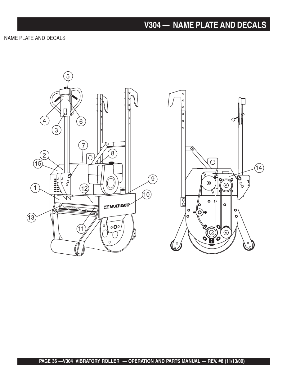 V304 — name plate and decals | Multiquip V304 User Manual | Page 36 / 64