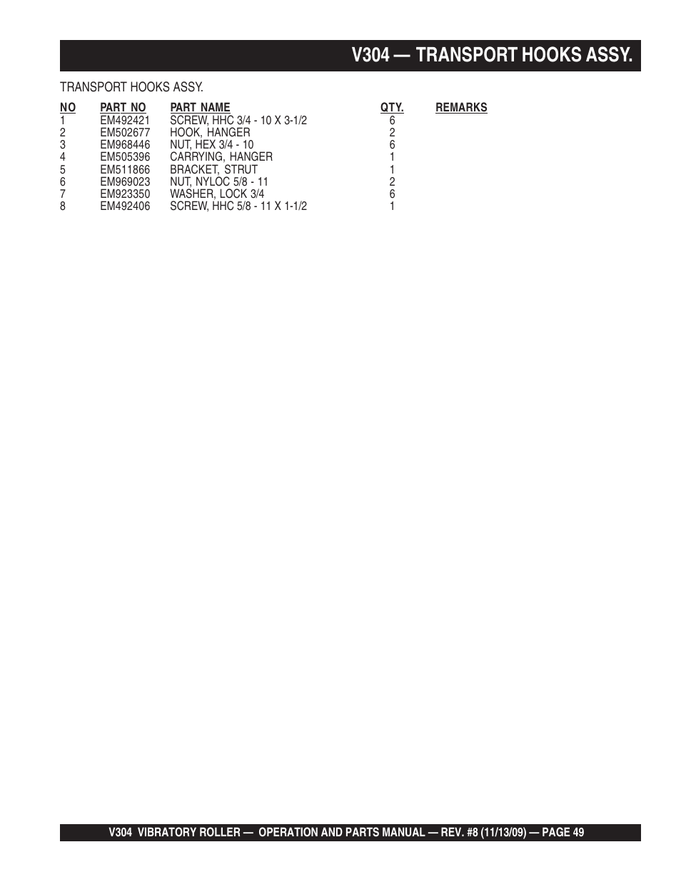 V304 — transport hooks assy | Multiquip V304 User Manual | Page 49 / 64