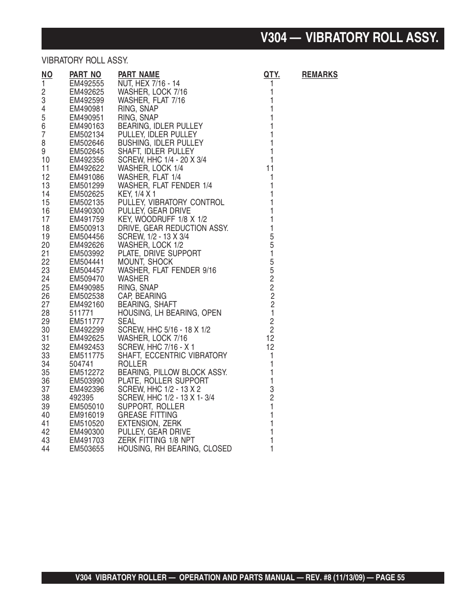 V304 — vibratory roll assy | Multiquip V304 User Manual | Page 55 / 64