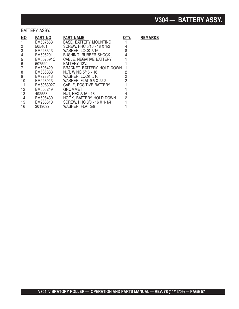 V304 — battery assy | Multiquip V304 User Manual | Page 57 / 64