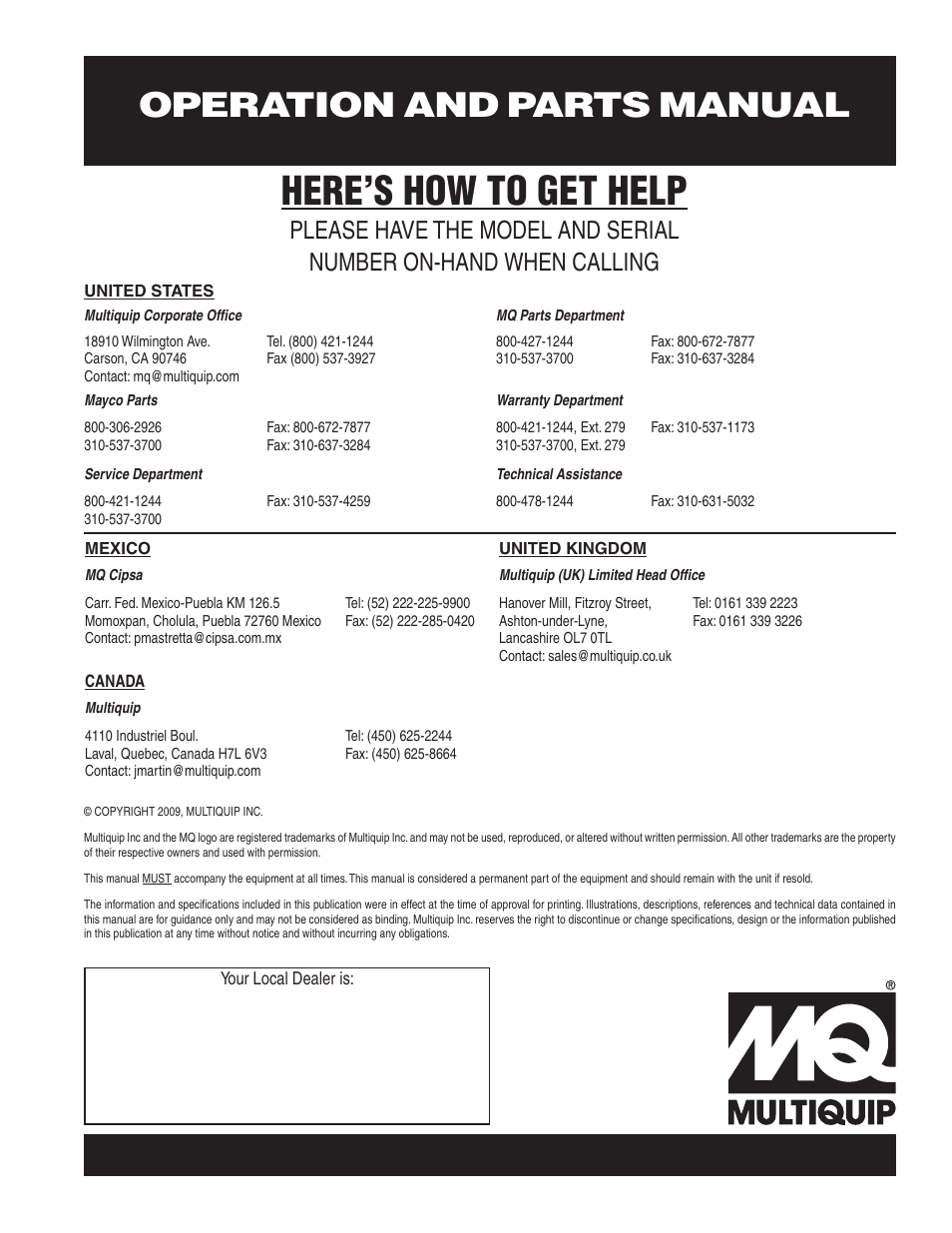 Here’s how to get help, Operation and parts manual | Multiquip V304 User Manual | Page 64 / 64