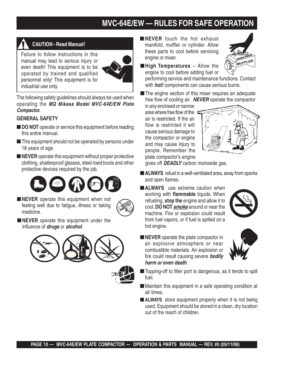 Mvc-64e/ew — rules for safe operation | Multiquip MVC64E/EW User Manual | Page 10 / 62