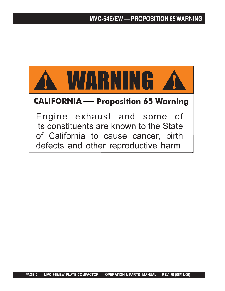 Mvc-64e/ew — proposition 65 warning | Multiquip MVC64E/EW User Manual | Page 2 / 62