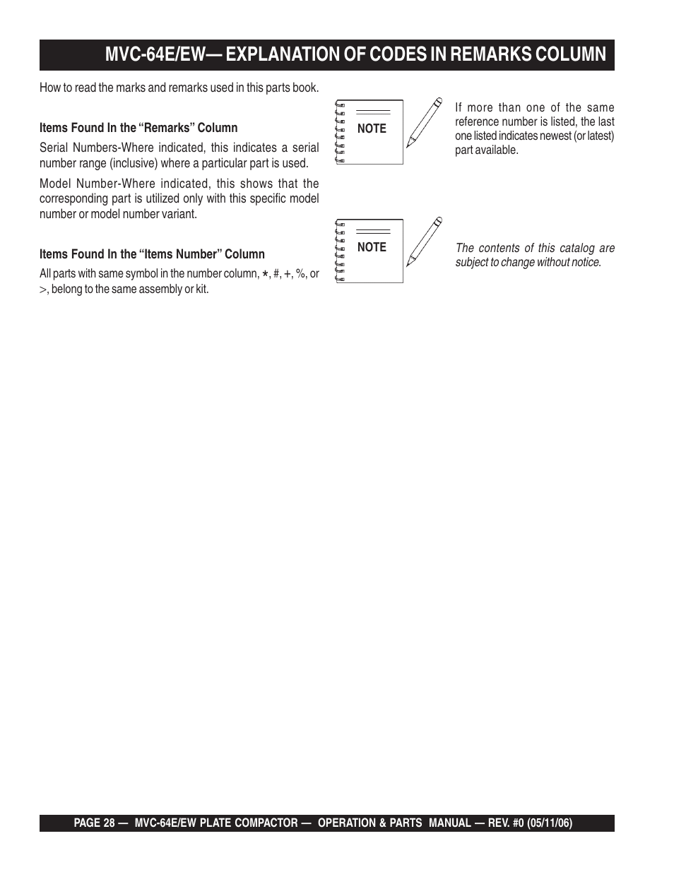 Mvc-64e/ew— explanation of codes in remarks column | Multiquip MVC64E/EW User Manual | Page 28 / 62