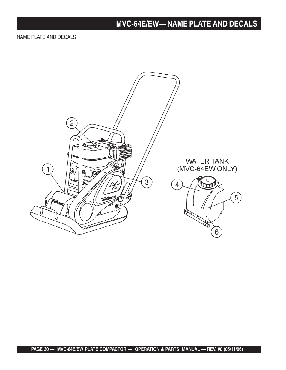 Mvc-64e/ew— name plate and decals | Multiquip MVC64E/EW User Manual | Page 30 / 62