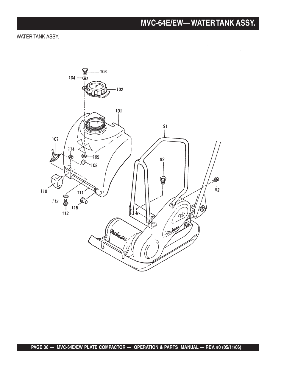 Mvc-64e/ew— water tank assy | Multiquip MVC64E/EW User Manual | Page 36 / 62