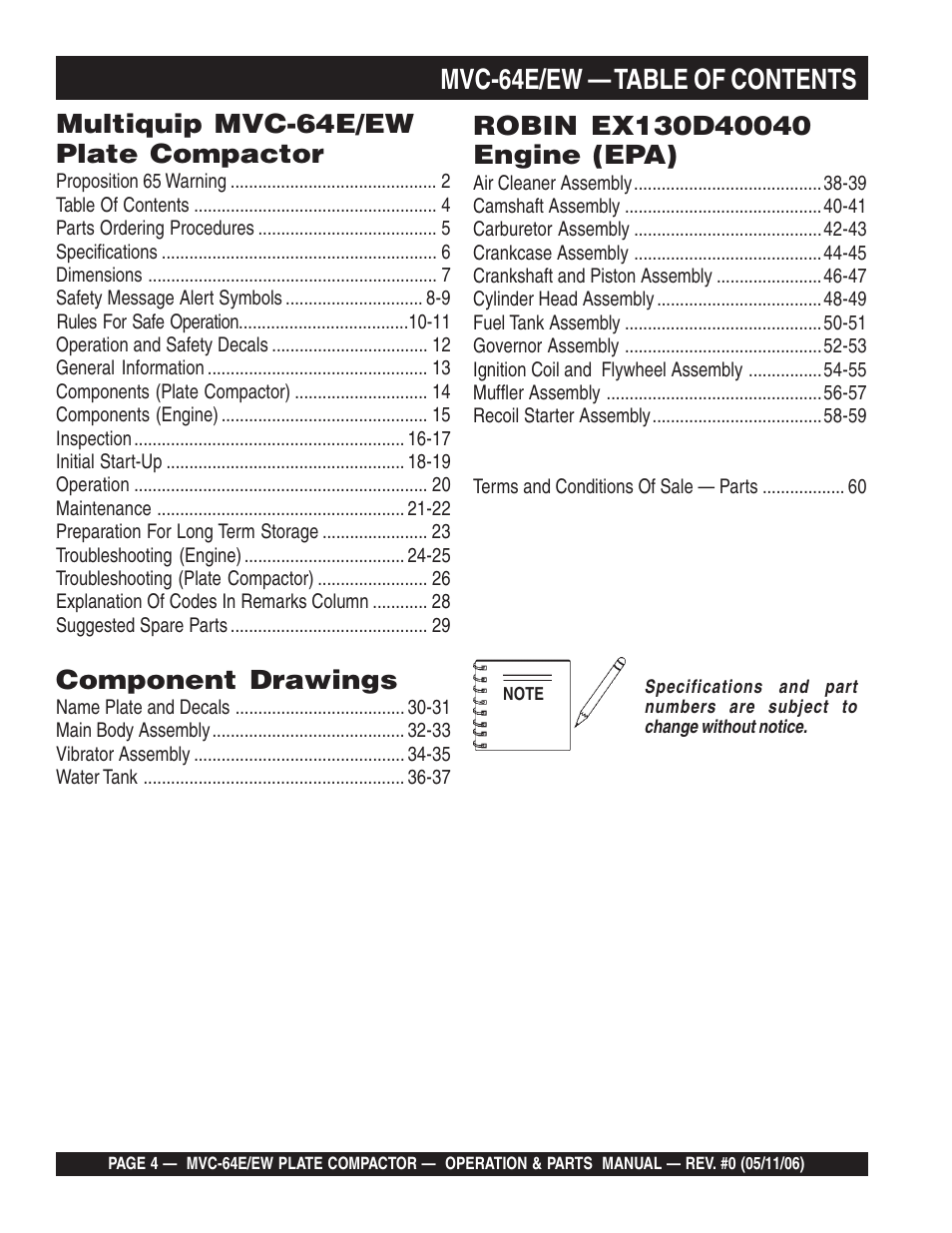 Mvc-64e/ew — table of contents, Multiquip mvc-64e/ew plate compactor, Component drawings | Multiquip MVC64E/EW User Manual | Page 4 / 62