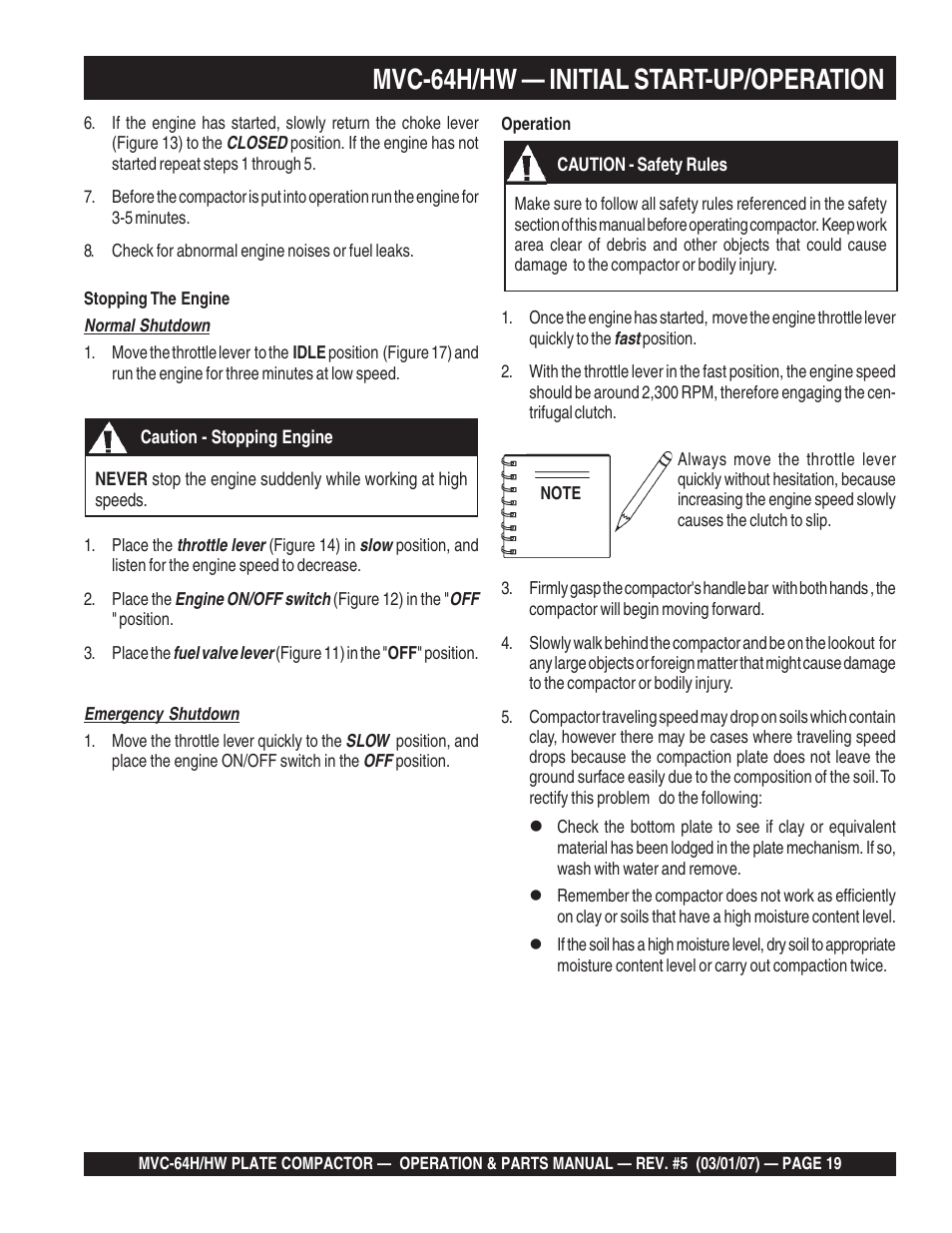 Mvc-64h/hw — initial start-up/operation | Multiquip MVC64H/HW User Manual | Page 19 / 72