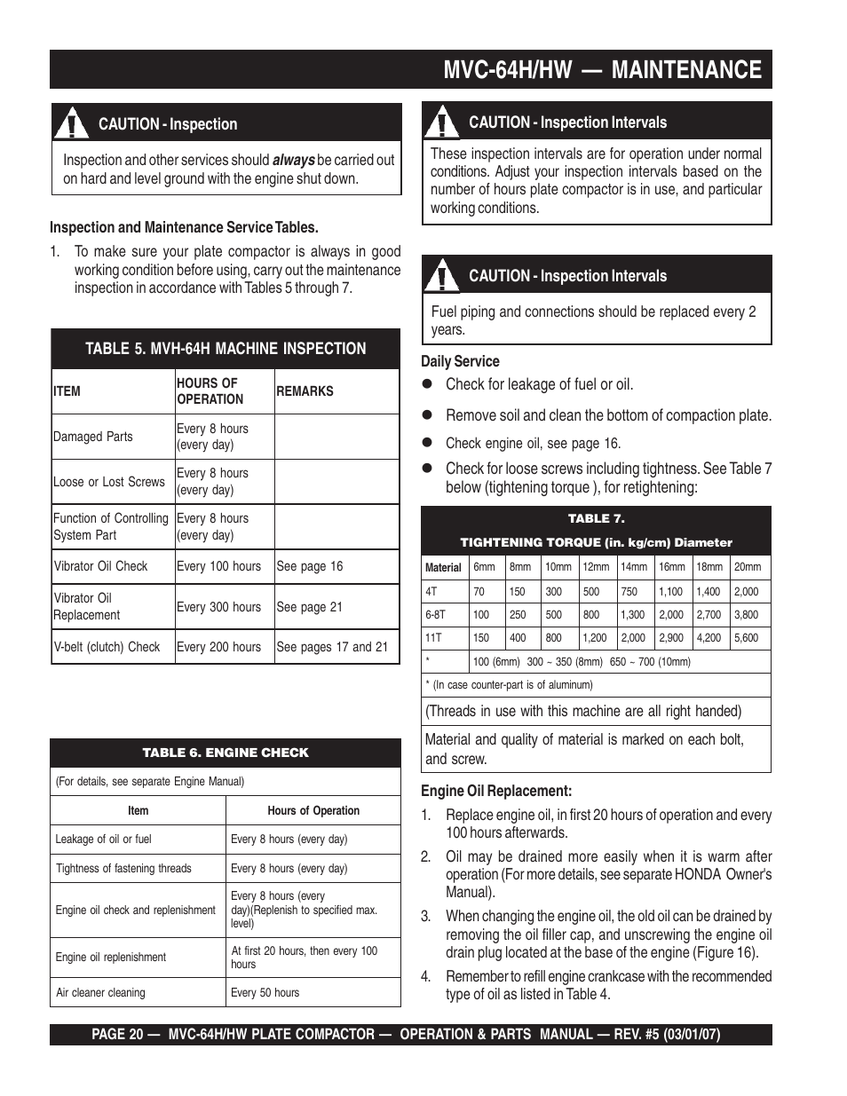 Mvc-64h/hw — maintenance | Multiquip MVC64H/HW User Manual | Page 20 / 72