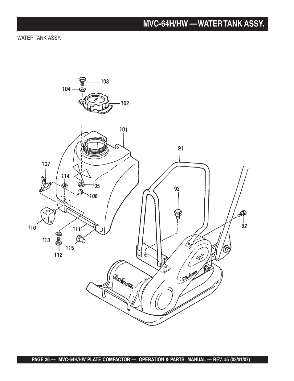 Mvc-64h/hw — water tank assy | Multiquip MVC64H/HW User Manual | Page 36 / 72