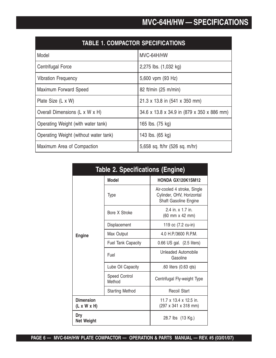 Mvc-64h/hw — specifications | Multiquip MVC64H/HW User Manual | Page 6 / 72