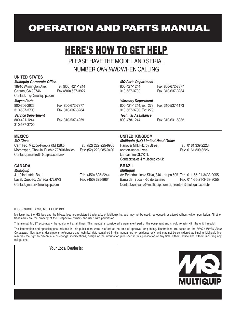 Here's how to get help, Operation and parts manual, On-hand | Please have the model and serial number, When calling | Multiquip MVC64H/HW User Manual | Page 72 / 72