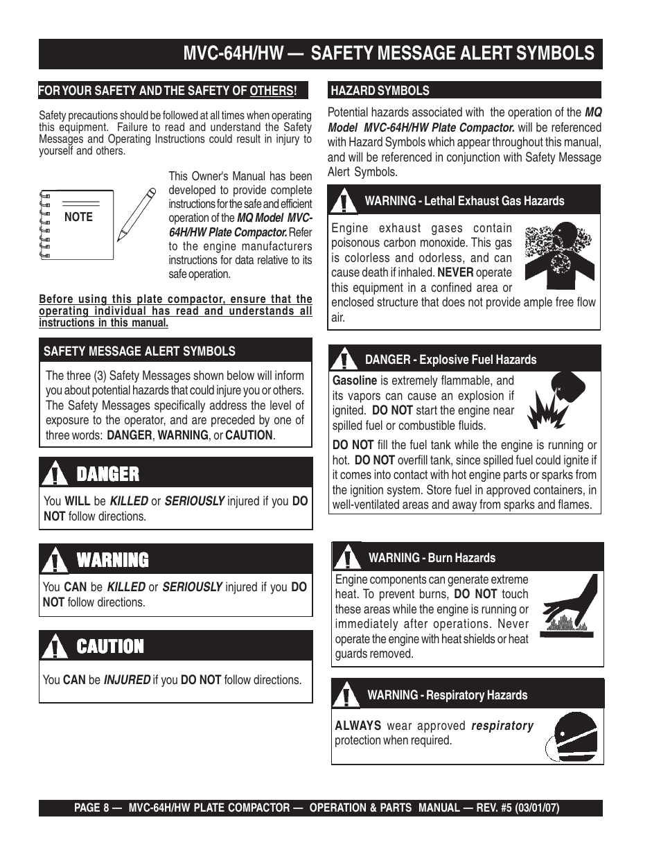 Mvc-64h/hw — safety message alert symbols, Danger, Warning | Caution | Multiquip MVC64H/HW User Manual | Page 8 / 72