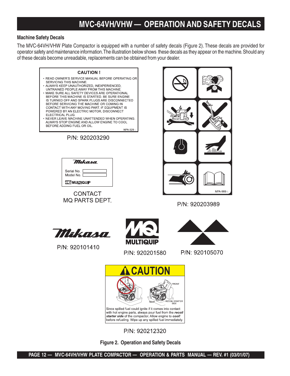 Mvc-64vh/vhw — operation and safety decals | Multiquip MVC64VH/VHW User Manual | Page 12 / 70