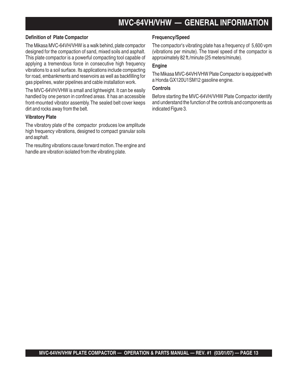 Mvc-64vh/vhw — general information | Multiquip MVC64VH/VHW User Manual | Page 13 / 70