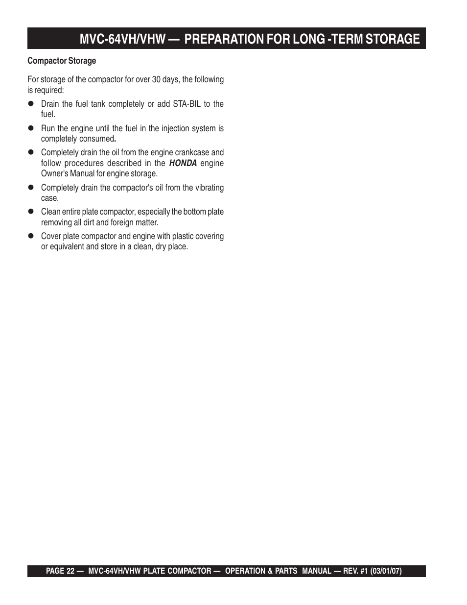 Mvc-64vh/vhw — preparation for long -term storage | Multiquip MVC64VH/VHW User Manual | Page 22 / 70