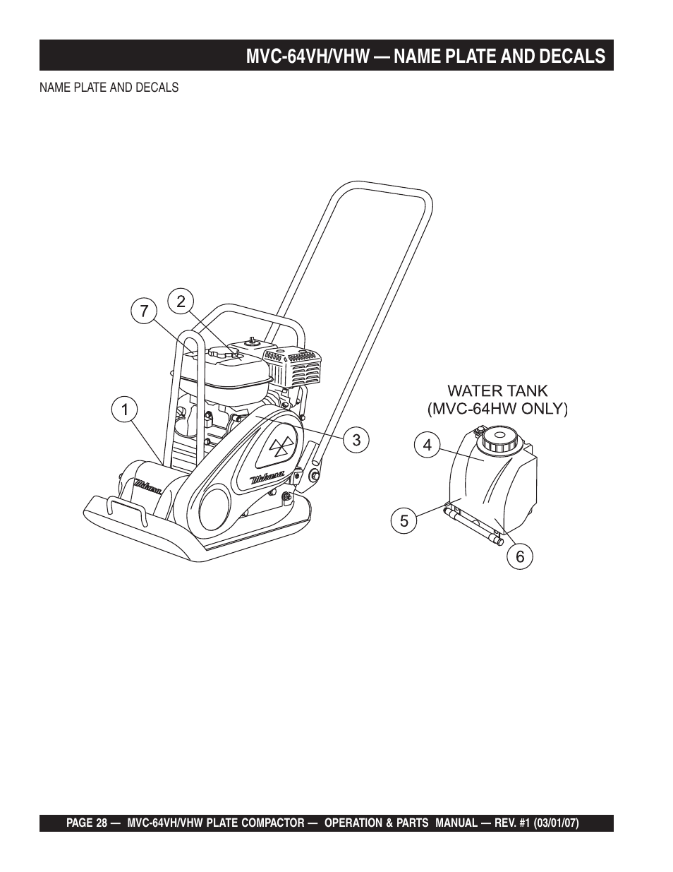 Mvc-64vh/vhw — name plate and decals | Multiquip MVC64VH/VHW User Manual | Page 28 / 70