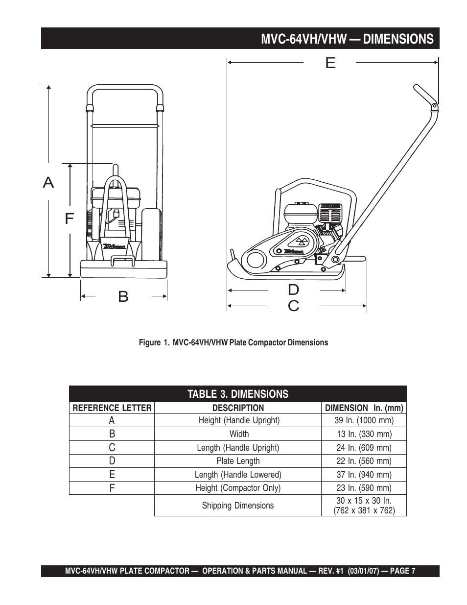 Mvc-64vh/vhw — dimensions | Multiquip MVC64VH/VHW User Manual | Page 7 / 70