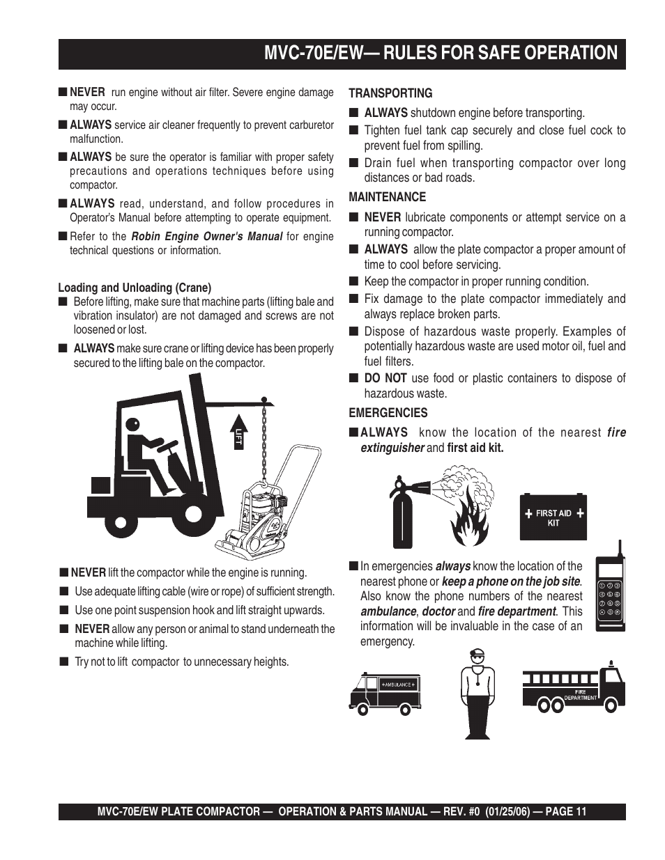 Mvc-70e/ew— rules for safe operation | Multiquip MVC70E/EW User Manual | Page 11 / 62