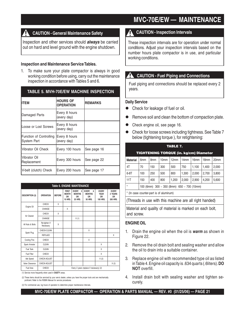Mvc-70e/ew — maintenance, Warm, Check engine oil, see page 16 | Engine oil 1. drain the engine oil when the oil is | Multiquip MVC70E/EW User Manual | Page 21 / 62