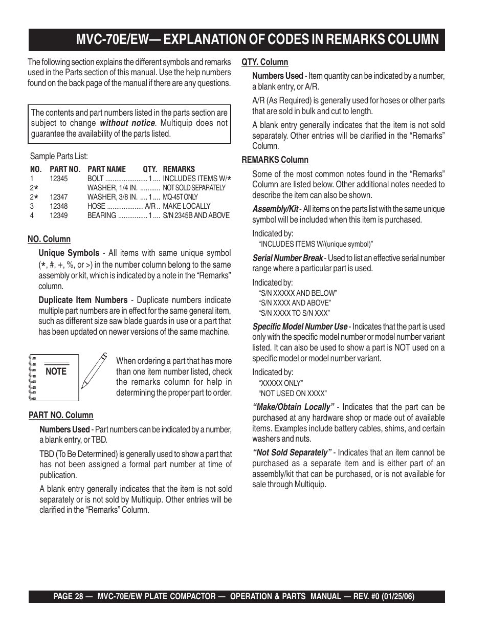 Mvc-70e/ew— explanation of codes in remarks column | Multiquip MVC70E/EW User Manual | Page 28 / 62