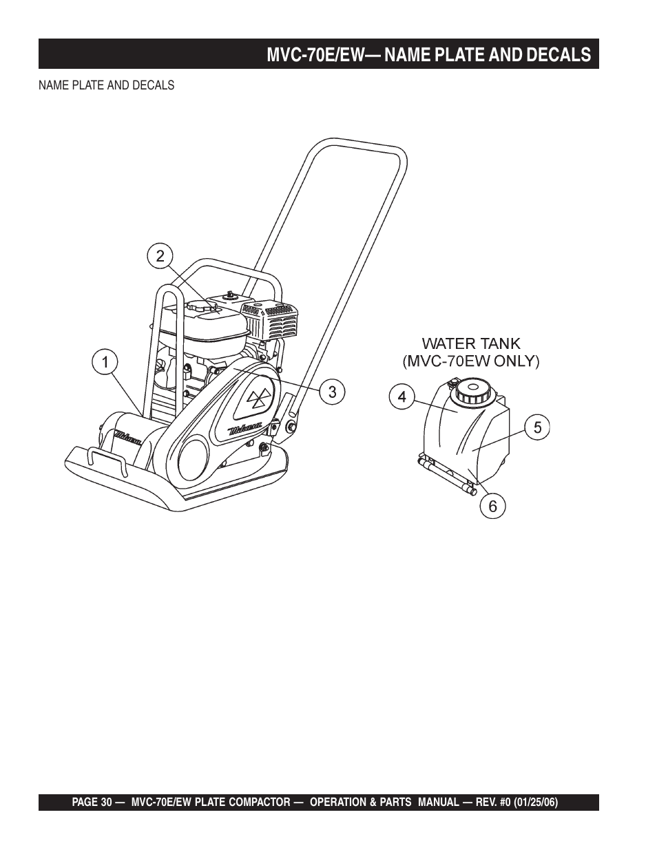 Mvc-70e/ew— name plate and decals | Multiquip MVC70E/EW User Manual | Page 30 / 62