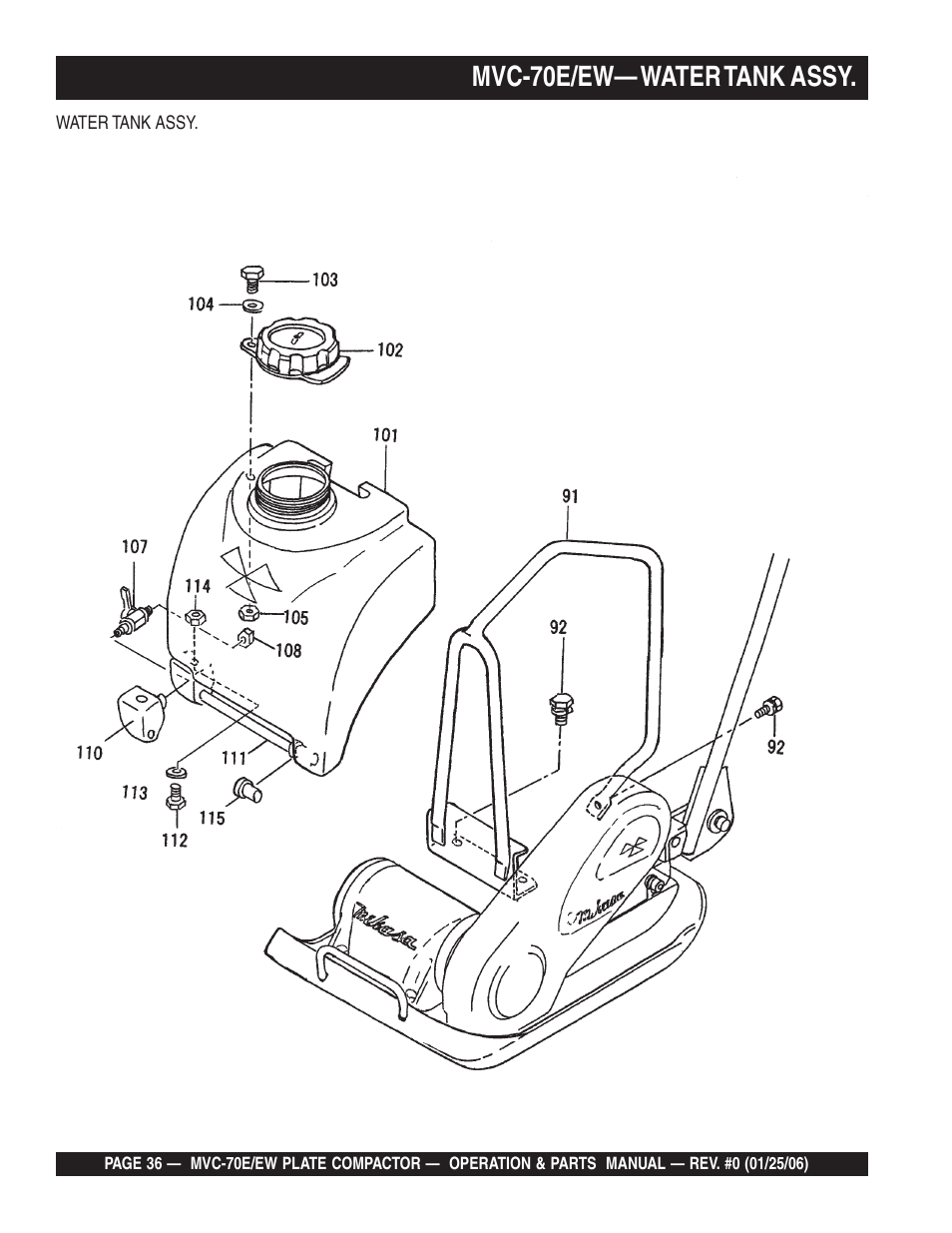 Mvc-70e/ew— water tank assy | Multiquip MVC70E/EW User Manual | Page 36 / 62