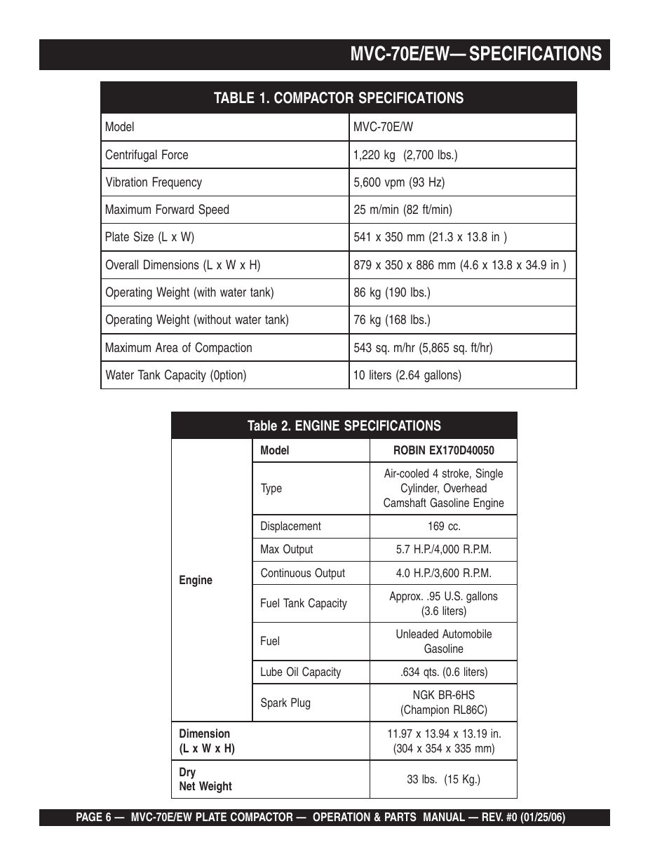 Mvc-70e/ew— specifications | Multiquip MVC70E/EW User Manual | Page 6 / 62