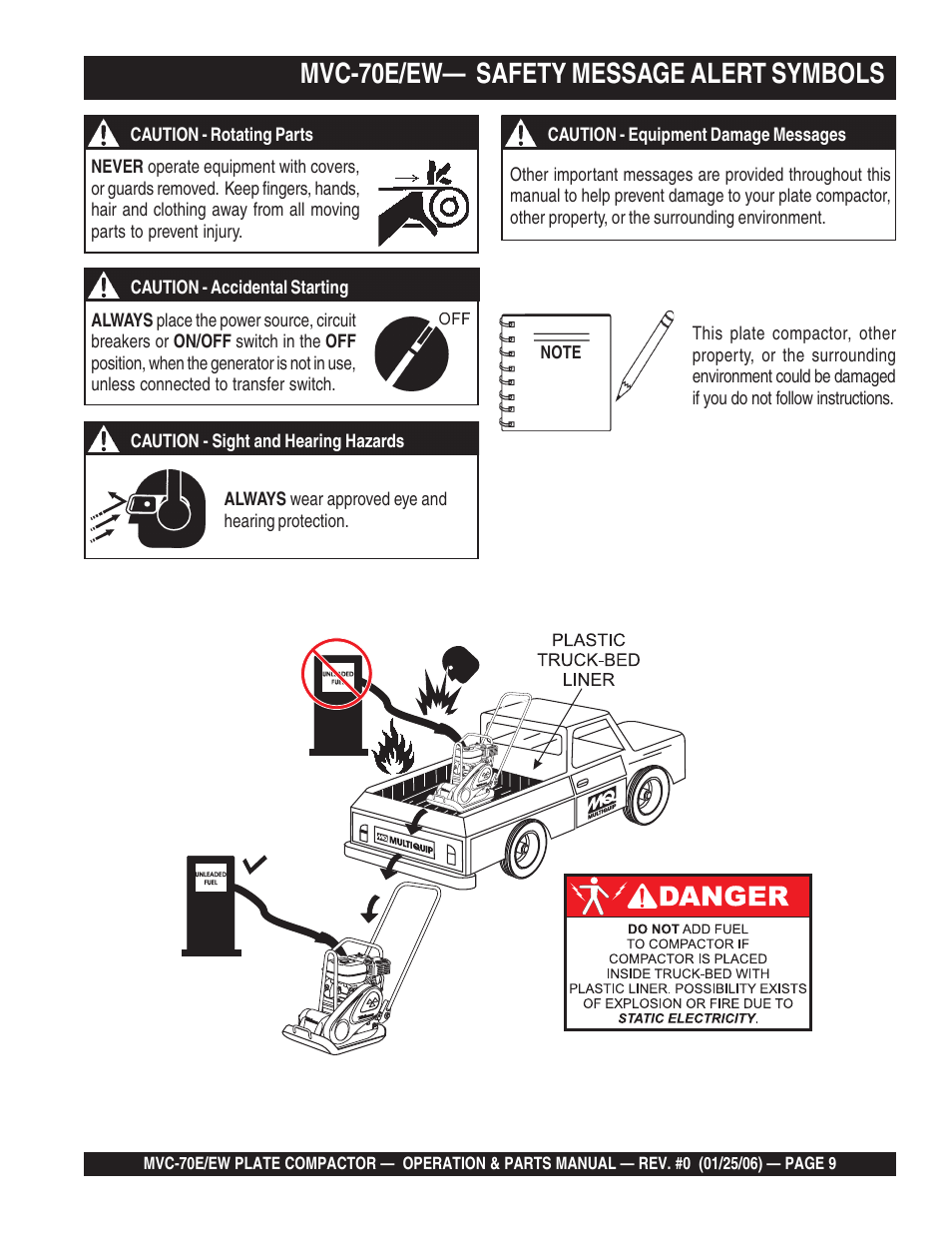 Mvc-70e/ew— safety message alert symbols | Multiquip MVC70E/EW User Manual | Page 9 / 62