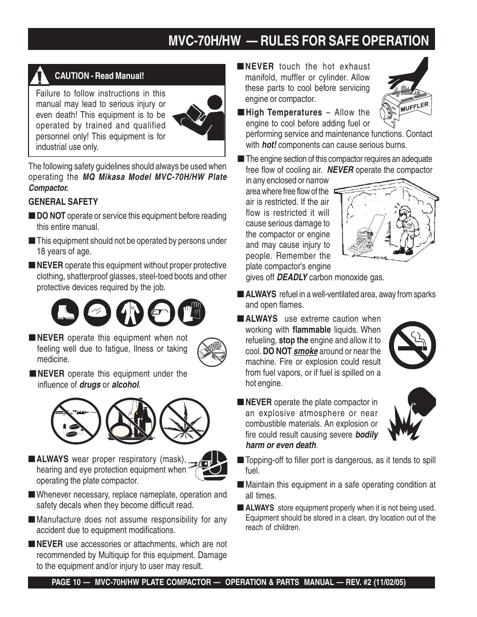 Mvc-70h/hw — rules for safe operation | Multiquip MVC70H/HW User Manual | Page 10 / 74