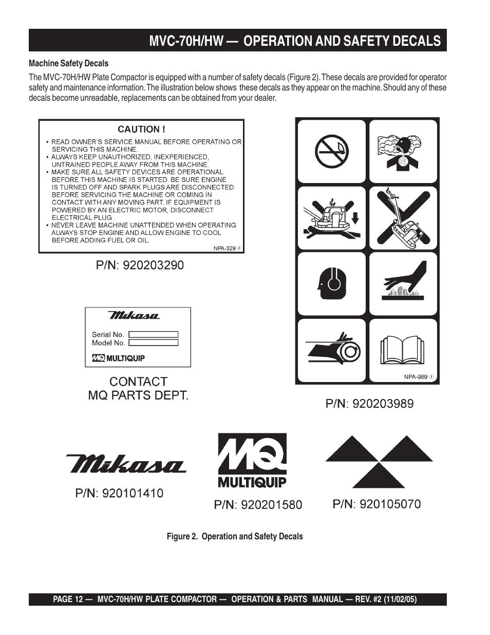 Mvc-70h/hw — operation and safety decals | Multiquip MVC70H/HW User Manual | Page 12 / 74