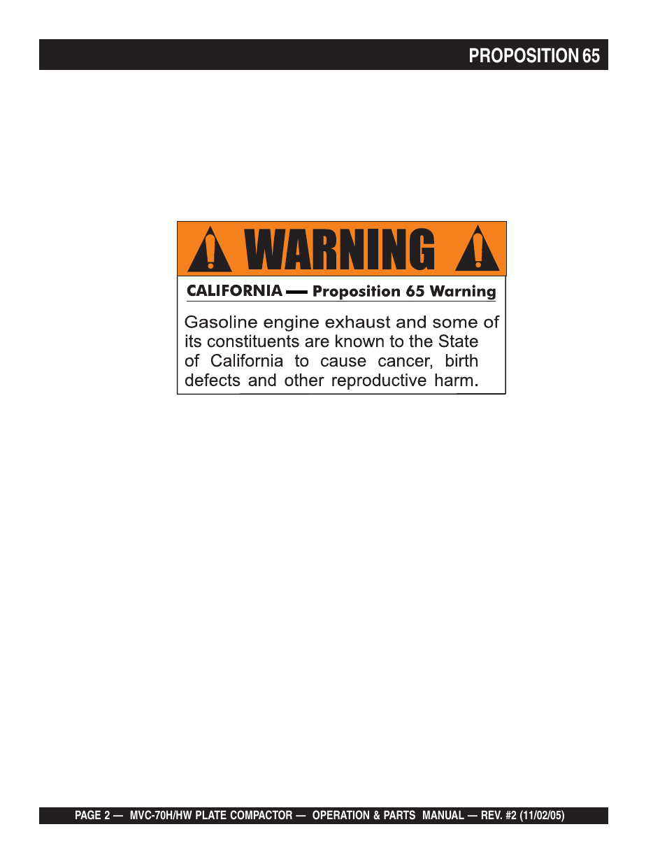 Proposition 65 | Multiquip MVC70H/HW User Manual | Page 2 / 74