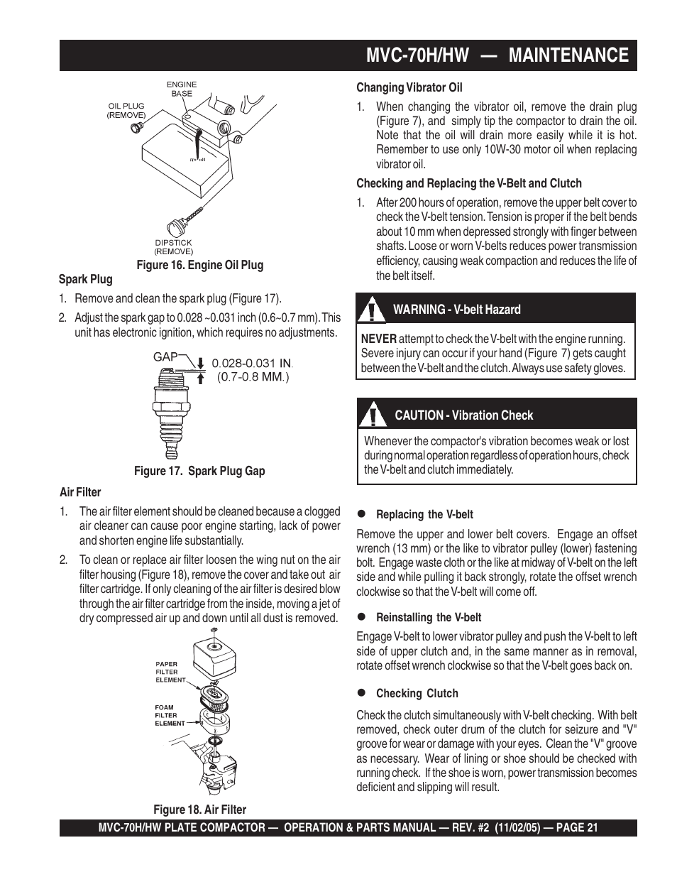 Mvc-70h/hw — maintenance | Multiquip MVC70H/HW User Manual | Page 21 / 74