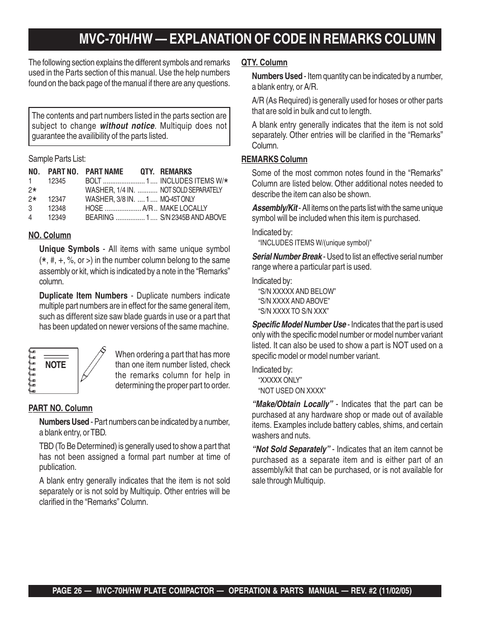 Mvc-70h/hw — explanation of code in remarks column | Multiquip MVC70H/HW User Manual | Page 26 / 74