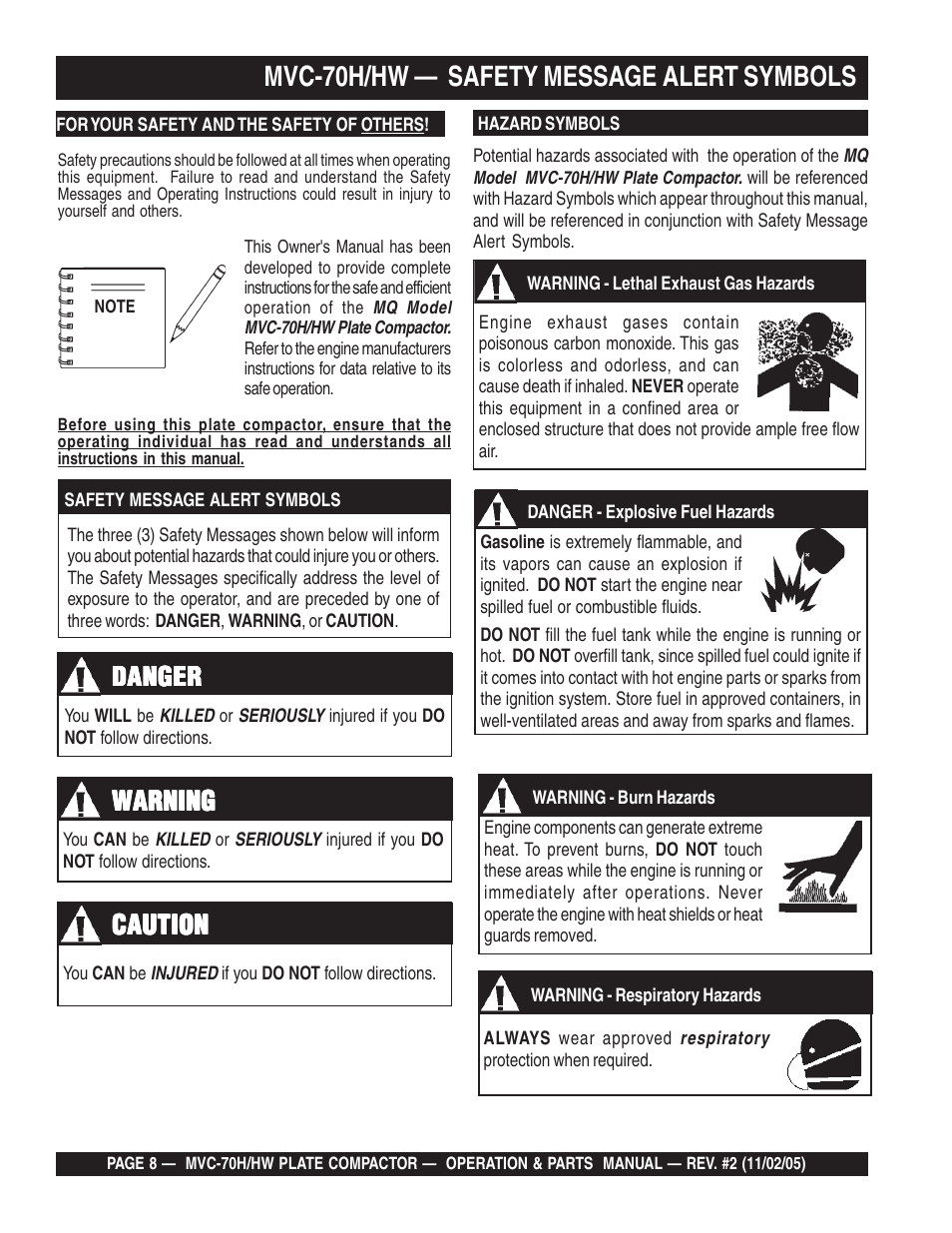 Mvc-70h/hw — safety message alert symbols, Danger, Warning | Caution | Multiquip MVC70H/HW User Manual | Page 8 / 74