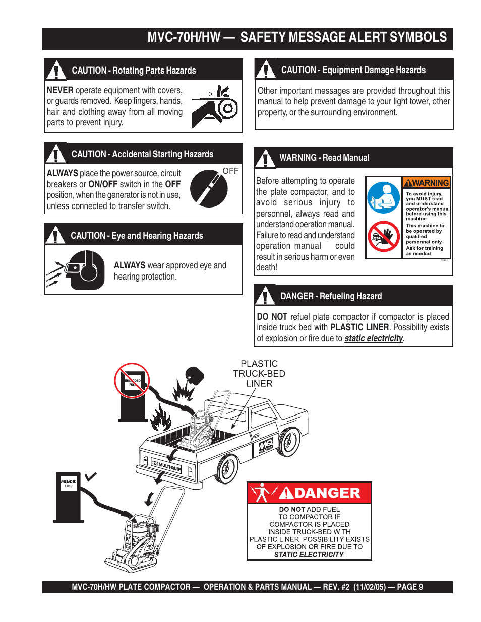 Mvc-70h/hw — safety message alert symbols | Multiquip MVC70H/HW User Manual | Page 9 / 74