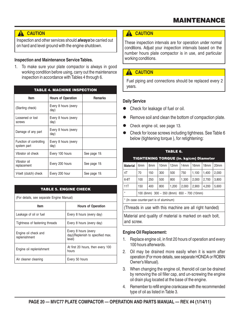 Maintenance, Always, Caution | Multiquip MVC77 User Manual | Page 20 / 72