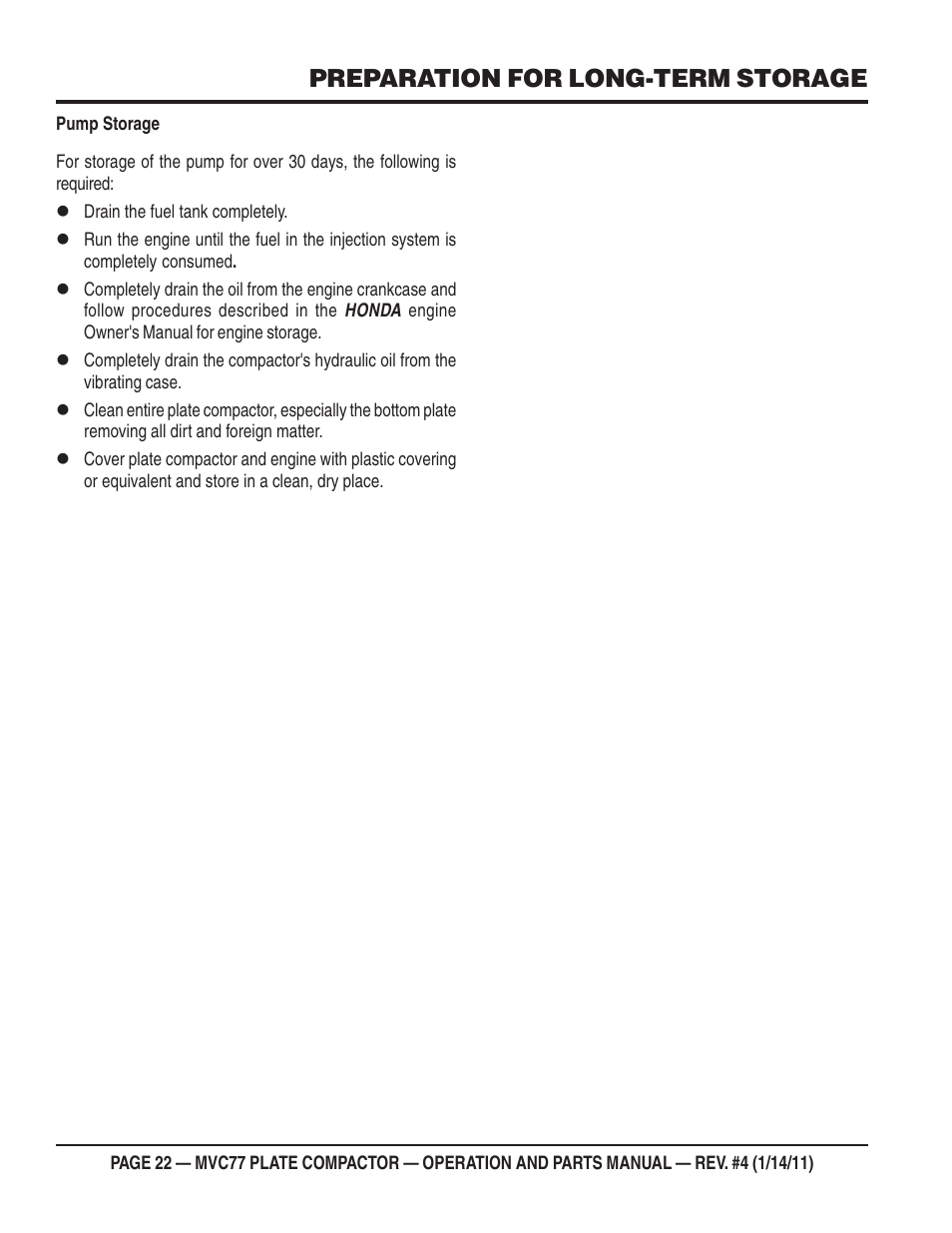 Preparation for long-term storage | Multiquip MVC77 User Manual | Page 22 / 72