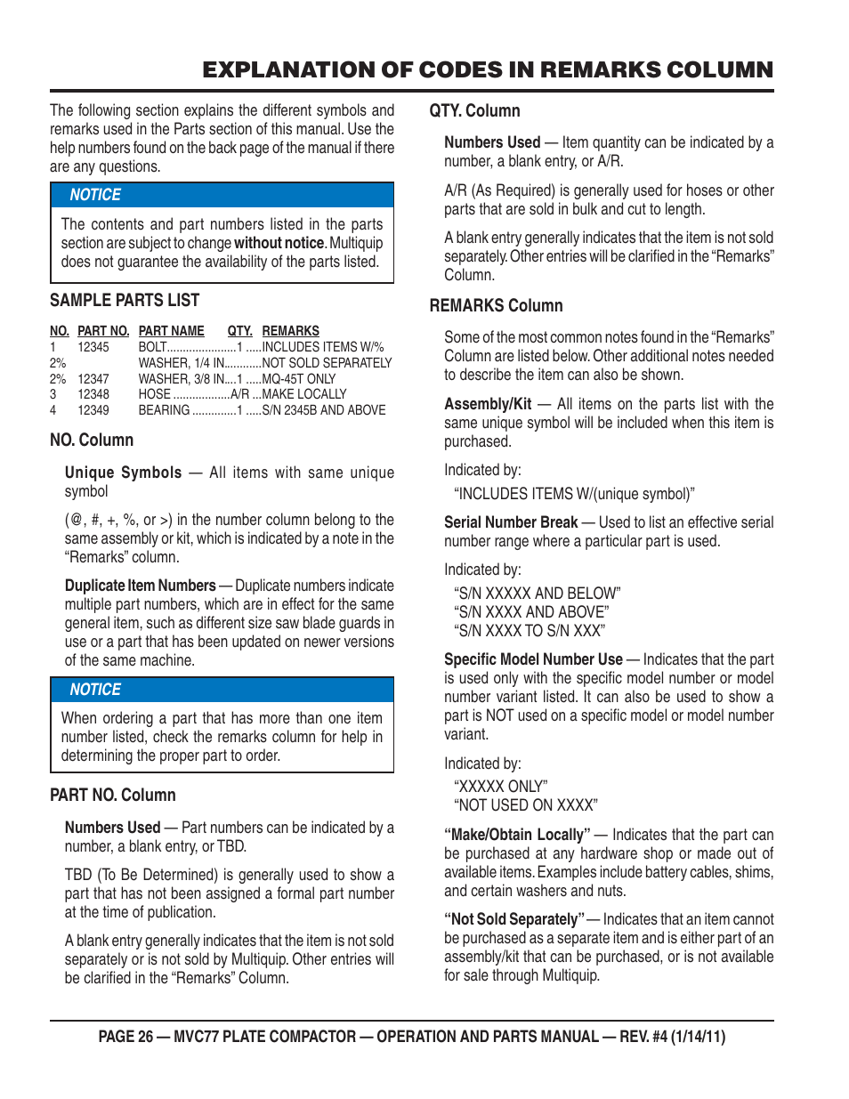 Explanation of codes in remarks column | Multiquip MVC77 User Manual | Page 26 / 72