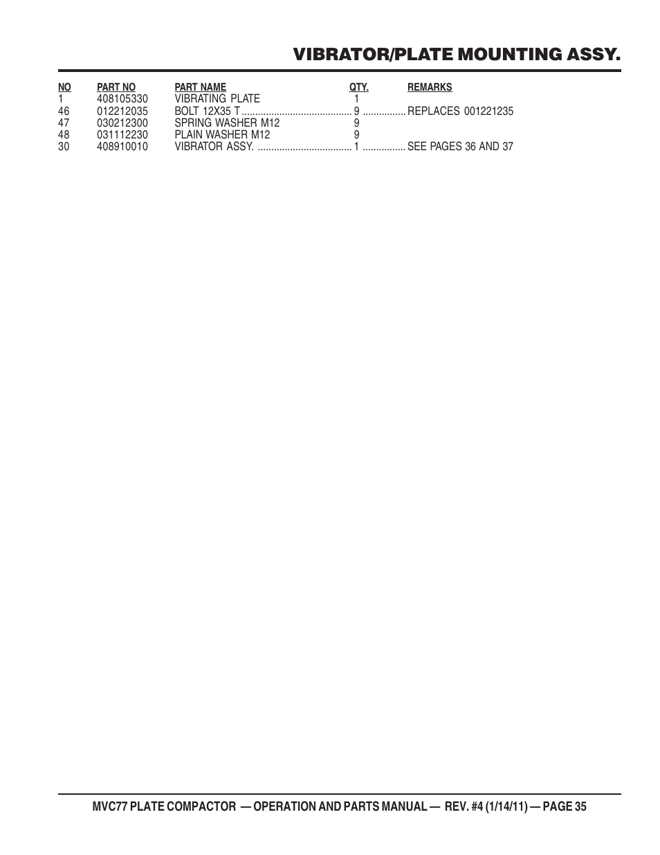 Vibrator/plate mounting assy | Multiquip MVC77 User Manual | Page 35 / 72
