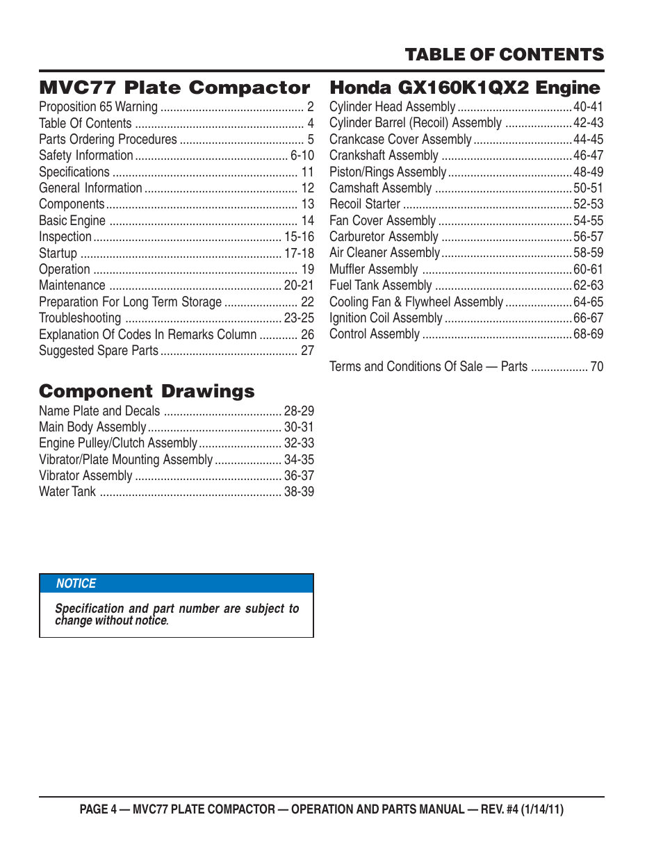 Mvc77 plate compactor, Component drawings | Multiquip MVC77 User Manual | Page 4 / 72