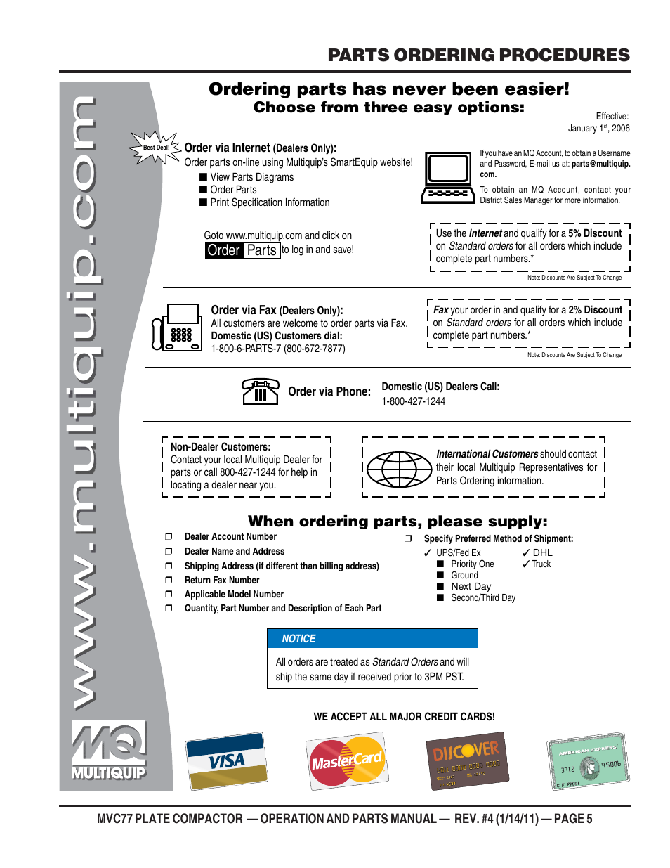 Parts ordering procedures, Ordering parts has never been easier, Choose from three easy options | When ordering parts, please supply, Order parts | Multiquip MVC77 User Manual | Page 5 / 72