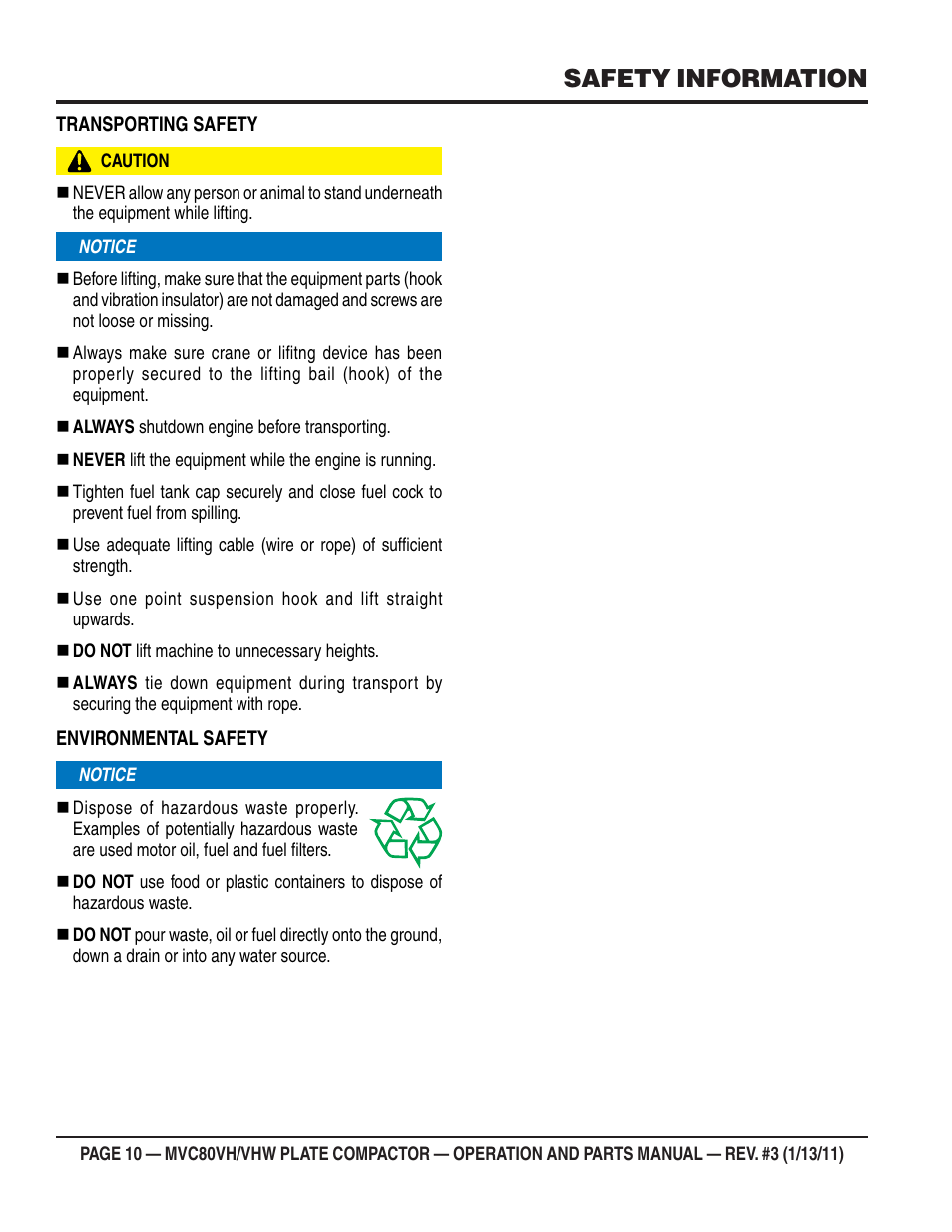 Safety information | Multiquip MVC80VH/VHW User Manual | Page 10 / 70