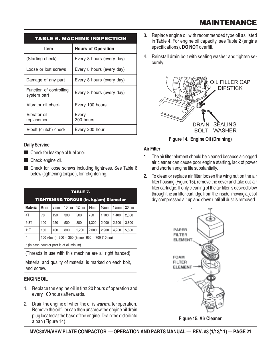 Maintenance | Multiquip MVC80VH/VHW User Manual | Page 21 / 70
