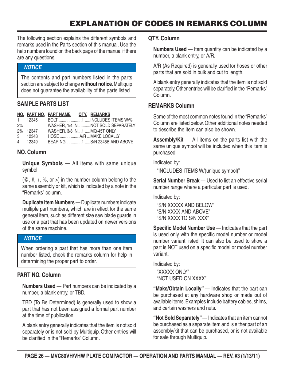 Explanation of codes in remarks column | Multiquip MVC80VH/VHW User Manual | Page 26 / 70