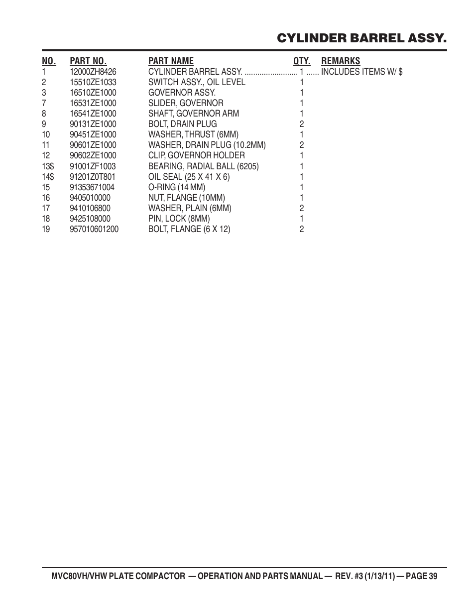 Cylinder barrel assy | Multiquip MVC80VH/VHW User Manual | Page 39 / 70