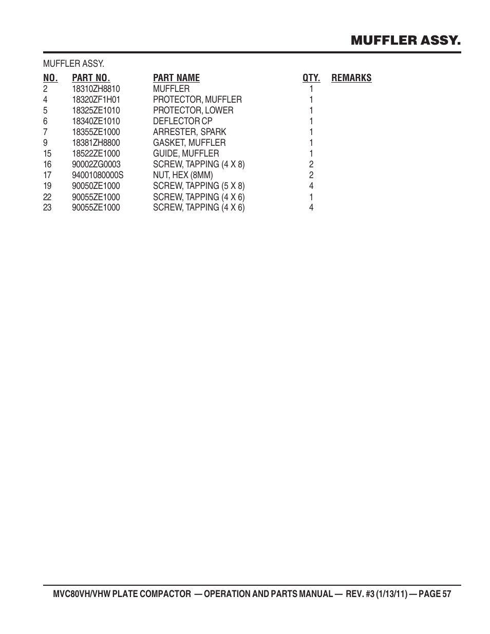 Muffler assy | Multiquip MVC80VH/VHW User Manual | Page 57 / 70