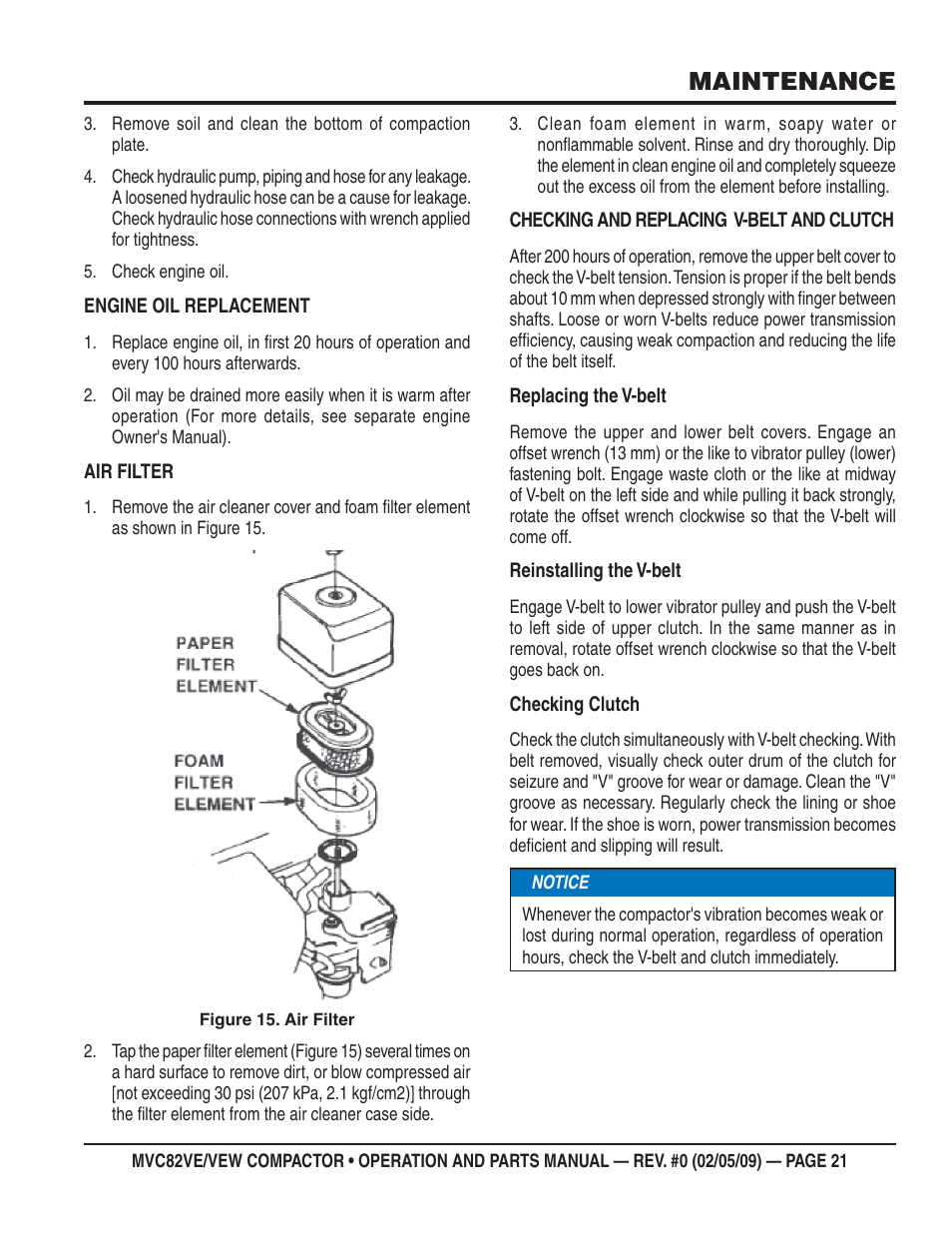 Maintenance | Multiquip MVC82VE/VEW User Manual | Page 21 / 62