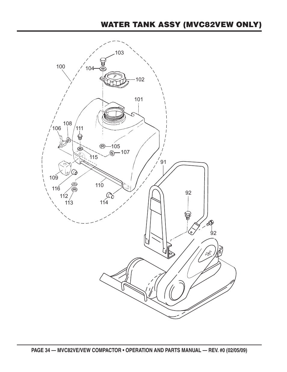 Water tank assy (mvc82vew only) | Multiquip MVC82VE/VEW User Manual | Page 34 / 62