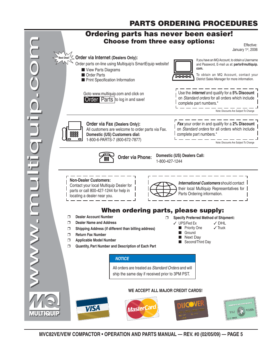 Parts ordering procedures, Ordering parts has never been easier, Choose from three easy options | When ordering parts, please supply, Order parts | Multiquip MVC82VE/VEW User Manual | Page 5 / 62